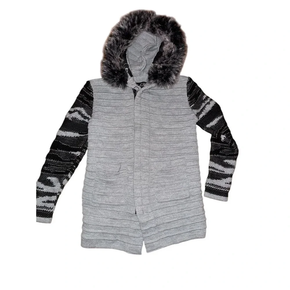 LCR Black edition Hooded Sweater Coat Faux Fur Trim Size M streetwear wool blend